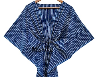 Indigo Blue Striped Block Print Long Kaftan, Soft Cotton Loungewear Women's Summer Dress