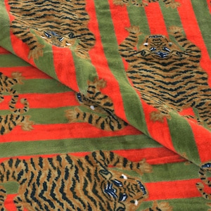 Orange & Green Tiger Print Velvet Fabric, Dress/Curtain Crafting Boho Cotton Velvet