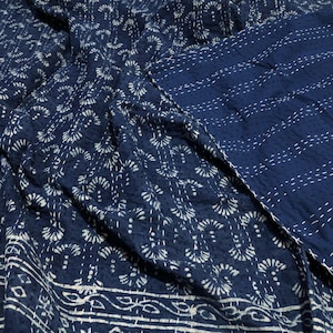Indigo Blue Hand Block Print Kantha Quilt - Reversible Cotton Bedspread King Size Sofa Blanket