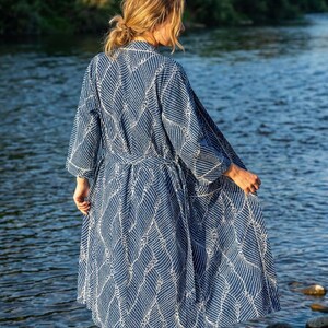 Handmade Cotton Kimono Robe, Block Print Robes For Her, Seigaiha Pattern Festive Loungewear
