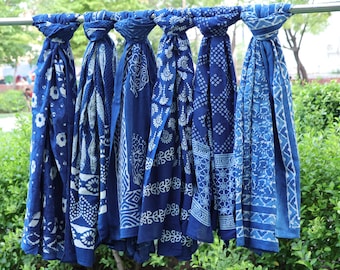Indigo Blue Fish Block Printed Sarong, Soft Cotton Beach Cover Up, Indian Handmade Scarf/Pareo