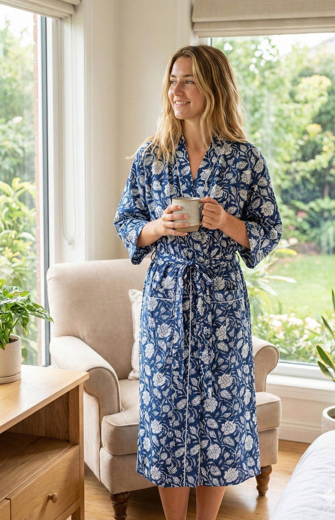 Indigo Robe Indigo Blue Block Print Cotton Kimono Robe, Lightweight Loungewear Bath ...