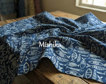 Indigo Blue Batik Fabric By The Yard, Fish Pattern Block Print Dress Making Crafting Fabric