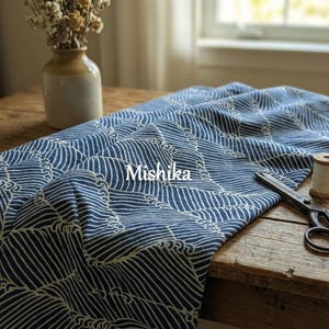 Japanese Wave Fabric Navy Blue, Seigaiha Pattern Cotton, Indigo Geometric Ocean Print Fabric