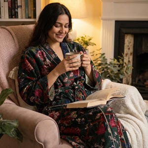 Emerald Green Velvet Kimono Robe, Floral Velvet Dressing Gown, Boho Bathrobe for Her