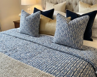 Indigo Blue Block Print Cotton Kantha Quilt, Indian Handmade Reversible Cotton Blanket/Bedding Set