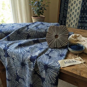 Indigo Blue Block Printed Cotton Fabric, Robe/Dress/Napkin/Curtain Making Fabric By The Yard