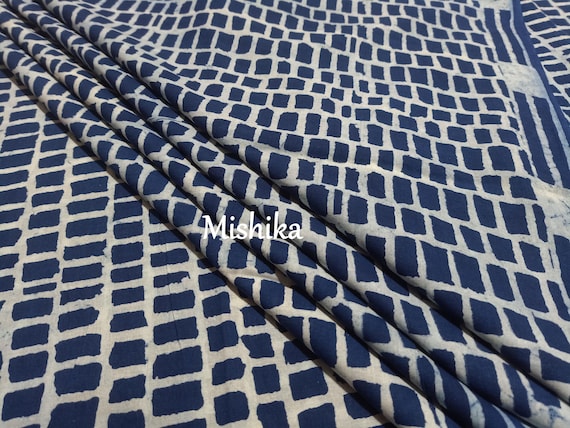 By The Yard Indigo Blue Fabric, Indian Cotton Fabrics, Dressmaking Mud Block Print Sewing Fabric