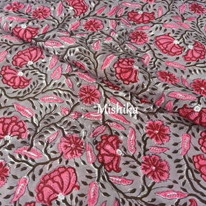 Pink Floral Hand Block Print Cotton Fabric: Indian Dressmaking Cloth