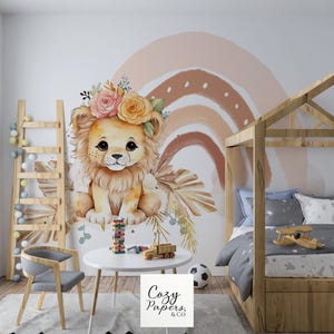 Papier peint Petit Lion et Arc en ciel enfant – Illustration aquarelle – Papier peint mural personnalisé chambre bébé – Sur mesure