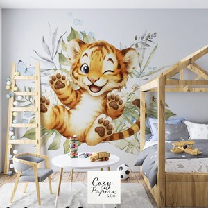 Papier peint Petit tigre espiègle enfant – Illustration aquarelle – Papier peint mural personnalisé chambre bébé – Sur mesure
