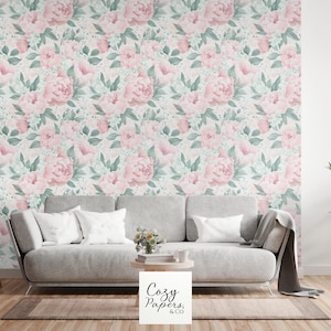 Papier peint floral rose pivoines aquarelle – Papier peint panoramique sur mesure – Décoration murale romantique vintage