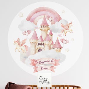 Cercle de papier peint autocollant château dans les nuages rose et licornes – prénom personnalisable –déco murale enfant, bébé, princesse