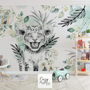 Papier peint Savane Vert d'Eau lionceau jungle enfant – Illustration aquarelle – Papier peint mural personnalisé chambre bébé – Sur mesure