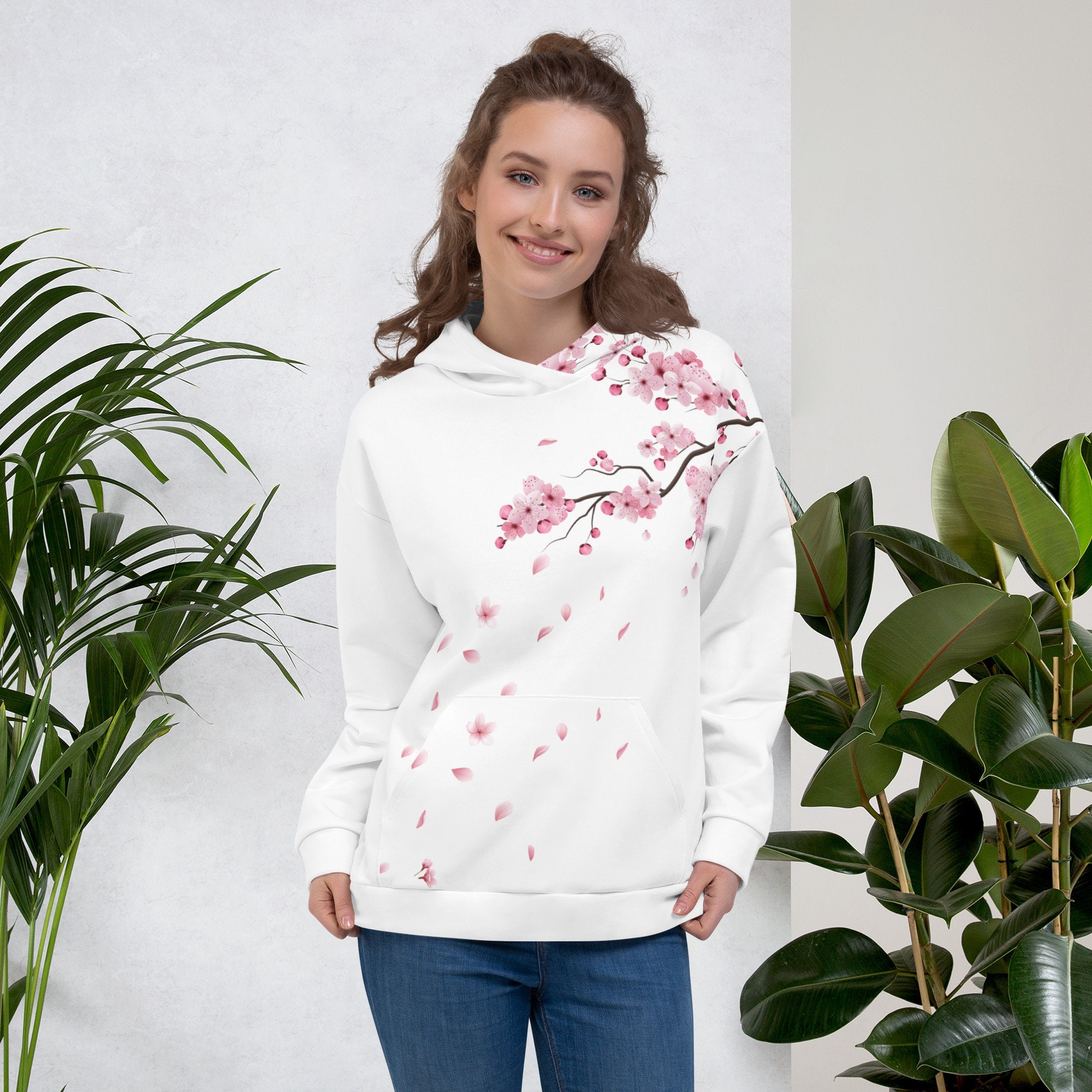Pink Sakura Hoodie, Flower Sweatshirt White, Unisex Hoodie