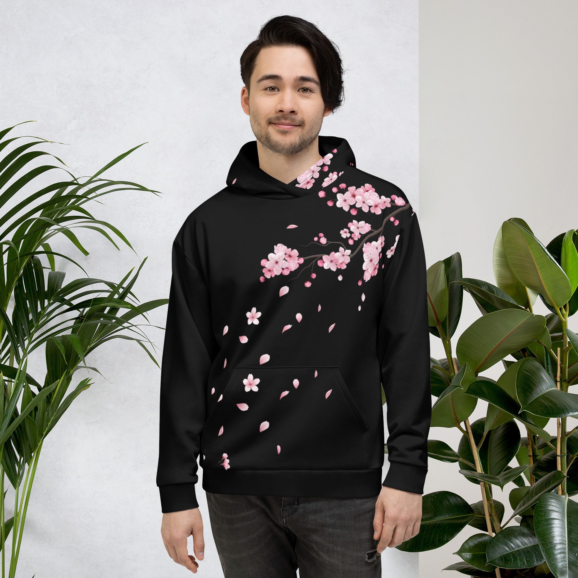 Pink Sakura Hoodie, Flower Sweatshirt Black, Unisex Hoodie