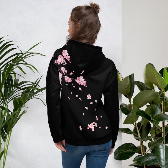 Pink Sakura Hoodie, Flower Sweatshirt Black, Unisex Hoodie