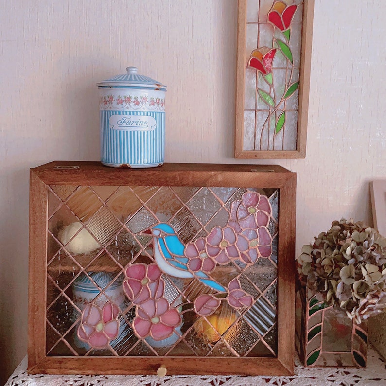 Vintage Solid Woodstained Glass Storage Desktop Storage