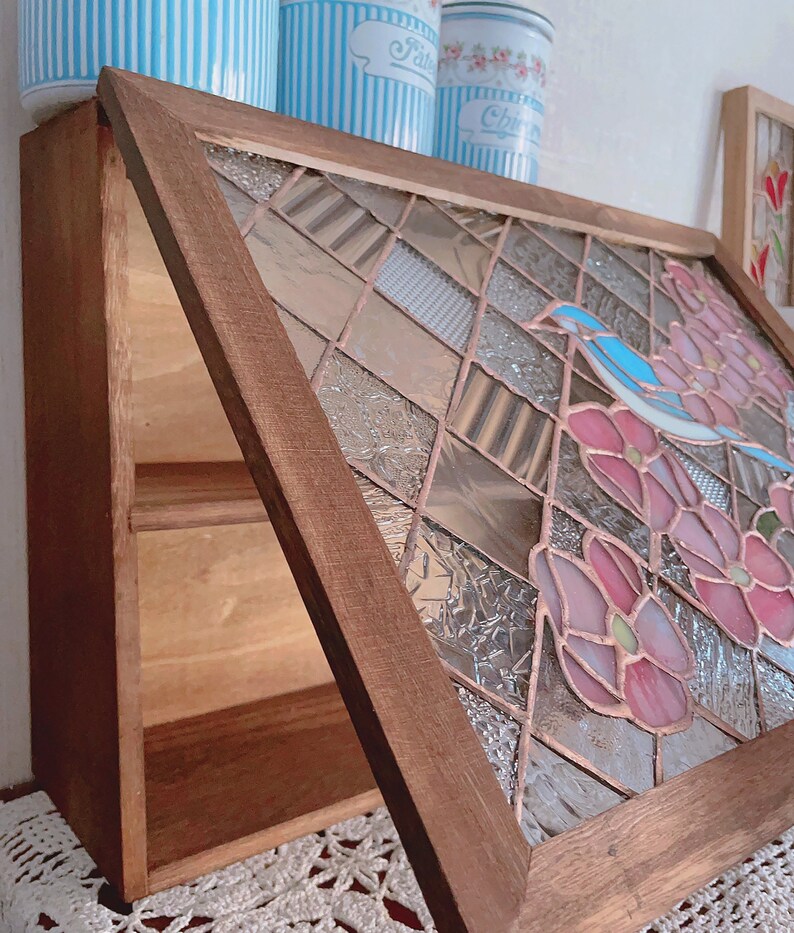 Vintage Solid Woodstained Glass Storage Desktop Storage