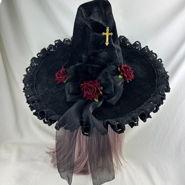 Halloween witch hat costume black hat Rose cosplay party Gothic magic hat women for costume Dress