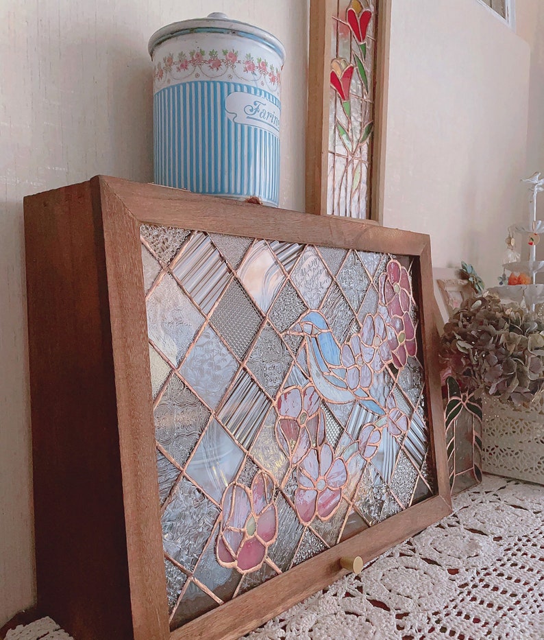 Vintage Solid Woodstained Glass Storage Desktop Storage