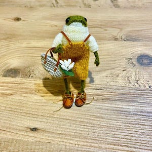 May include: A knitted frog doll wearing a yellow and white outfit, holding a small basket and a white flower. The frog is wearing brown shoes.