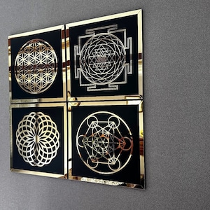Sacred Geometry SET OF 4 Wooden Acrylic Wall Art Flower of Life, Metatrons ,Sacred Geometry Art, Housewarming Gift