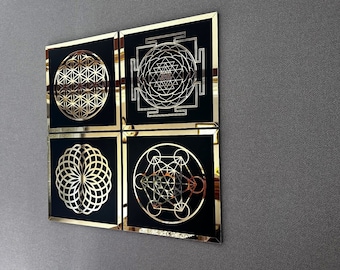 Arte mural de madera con geometría sagrada, Cubo de Metatrón, Flor de la Vida, juego de 4