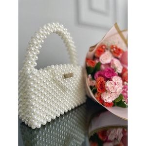 Pearl Beaded Bag, Pearl Wedding Handbag, Cream Beaded Bridal Purse, Pearl Evening Bag, Faux Pearl Bag