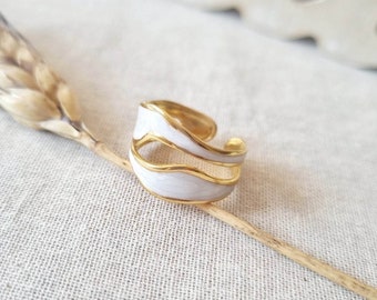 Stainless Steel Ring - Enamel Ring - Thin Ring - White Ring - Adjustable Ring - Women's Ring