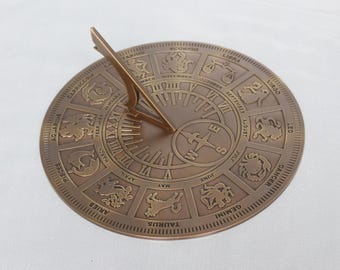 Solid Brass Zodiac Sundial Garden Clock – Astrological Timepiece