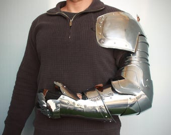 HANDMADE Gothic Steel Single Full Arm Set With Pauldrons & Gauntlets  Silver Costume