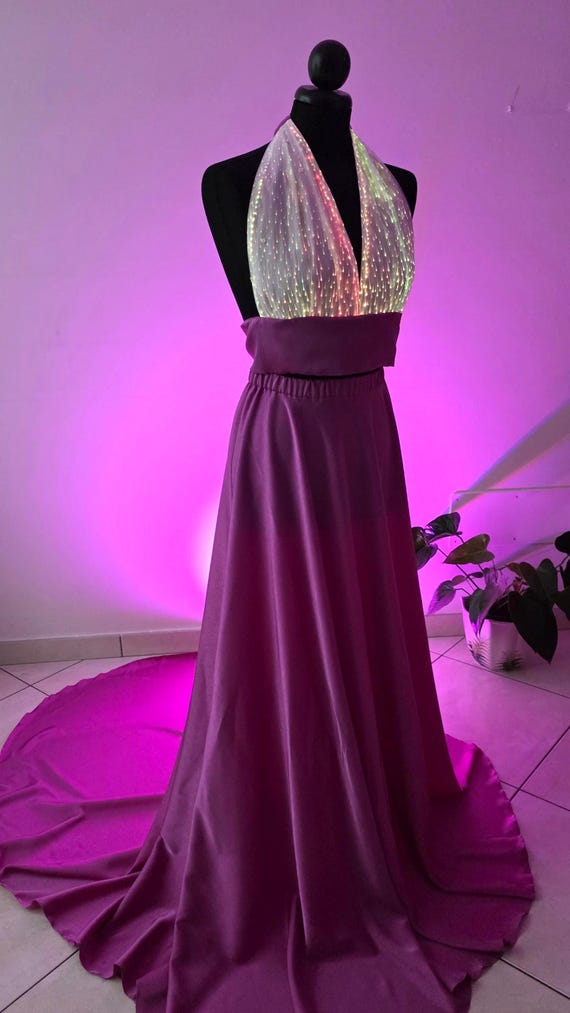 Long Halter Fiber Optic Dress - Embroidered Tulle Light-Up Top, Cady Skirt, Handmade