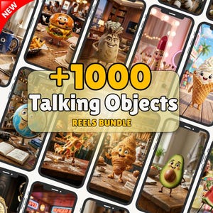 May include: A digital collection of 1000 talking objects reels bundle featuring animated characters like a burger, money bag, lipstick, ice cream cone, globe, pizza slice, croissant, and avocado, all displayed within multiple smartphone screen frames.