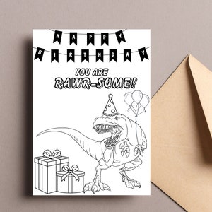 Dinosaurier Thema Geburtstags-Farbkarte, lustige Aktivität für Kinder, DIY-Farbkarten, anpassbare Karte von Kindern für Freunde, sofortiger Download