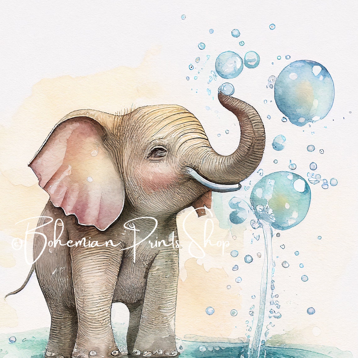 Printable Baby Elephant With Bubbles Watercolour Wall Art - Etsy