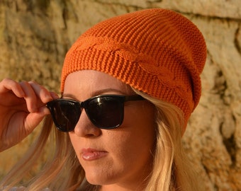 Hand knitted cotton slouchy beanie hat, orange beanie, crochet beanie hat, summer beanie, knitted beanie, knitted cap, handmade beanie