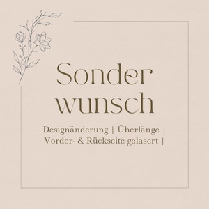 Könnte beinhalten: Beigefarbener Hintergrund mit den Worten "Sonderwunsch" in Braun und zusätzlichem Text darunter. Ein florales Design befindet sich in der oberen linken Ecke, und ein brauner rechteckiger Rahmen umgibt den Text.