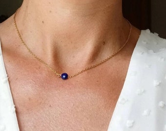 Fine Lapis Lazuli stone pendant necklace - minimalist women's necklace with fine stainless steel chain.