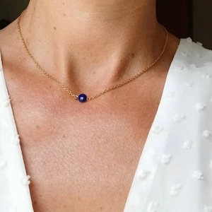 Fine Lapis Lazuli stone pendant necklace - minimalist women&#39;s necklace with fine stainless steel chain.