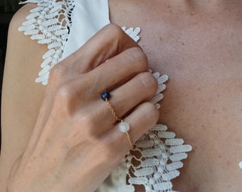 Thin waterproof gold steel ring - moonstone or Lapis lazuli - minimalist jewelry.