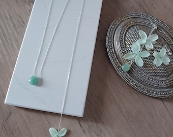 Parure de bijoux de dos et pendantes dissociées à fleurs vert sauge et pendentifs en Aventurine- bijoux de mariage et demoiselle d'honneur.