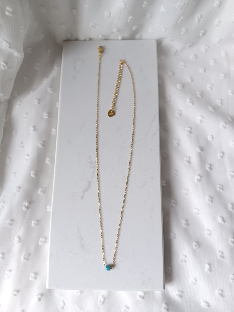 Fine gold stainless steel necklace with A-shaped patite or Lapis Lazulli stone, women's necklace worn in the hollow of the neck, trendy and minimalist image 4