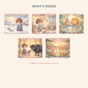 May include: Five square illustrations titled WHAT'S INSIDE featuring children and animals in various settings. Scenes include a snowy landscape, a cozy room, a pond with a lion and rabbit, a bull with a calf, and a cat with a dog. Text reads 5 Folktales.