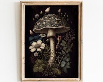 Dark Floral Mushrooms Dark Cottagecore Floral Print Nature Wall Art Goblincore,Vintage Aesthetic Digital Print,Moody Botanical Printable Art