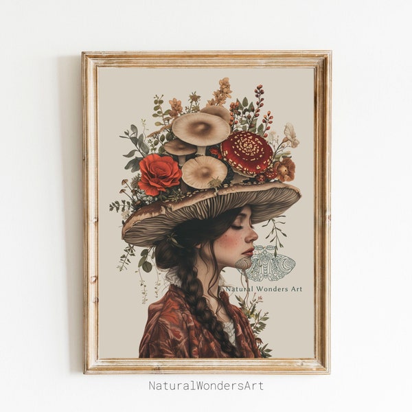 Enchanting Decaying Mushroom Woman Vintage Print,Botanical Wall Art,Mushroom Decor Poster,Digital Print Vintage Botanical Style Mushroom Art