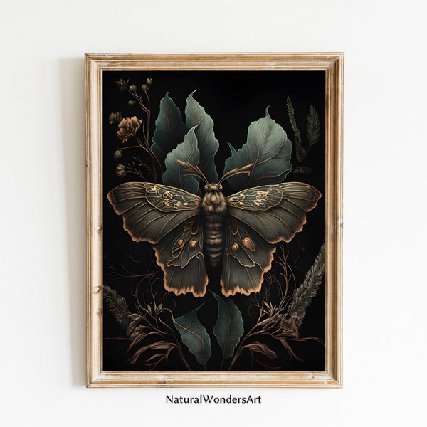 Botanical Moth Dark Cottagecore Wall Art Moody Floral Printable Goblincore Decor Fairycore Print Dark Academia Oil Painting Aesthetic