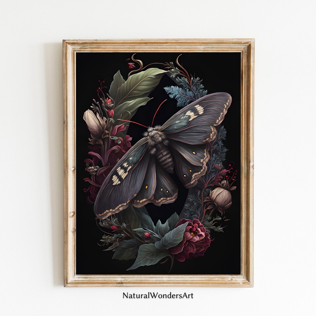 Botanical Moth Dark Cottagecore Wall Art Moody Floral Printable ...