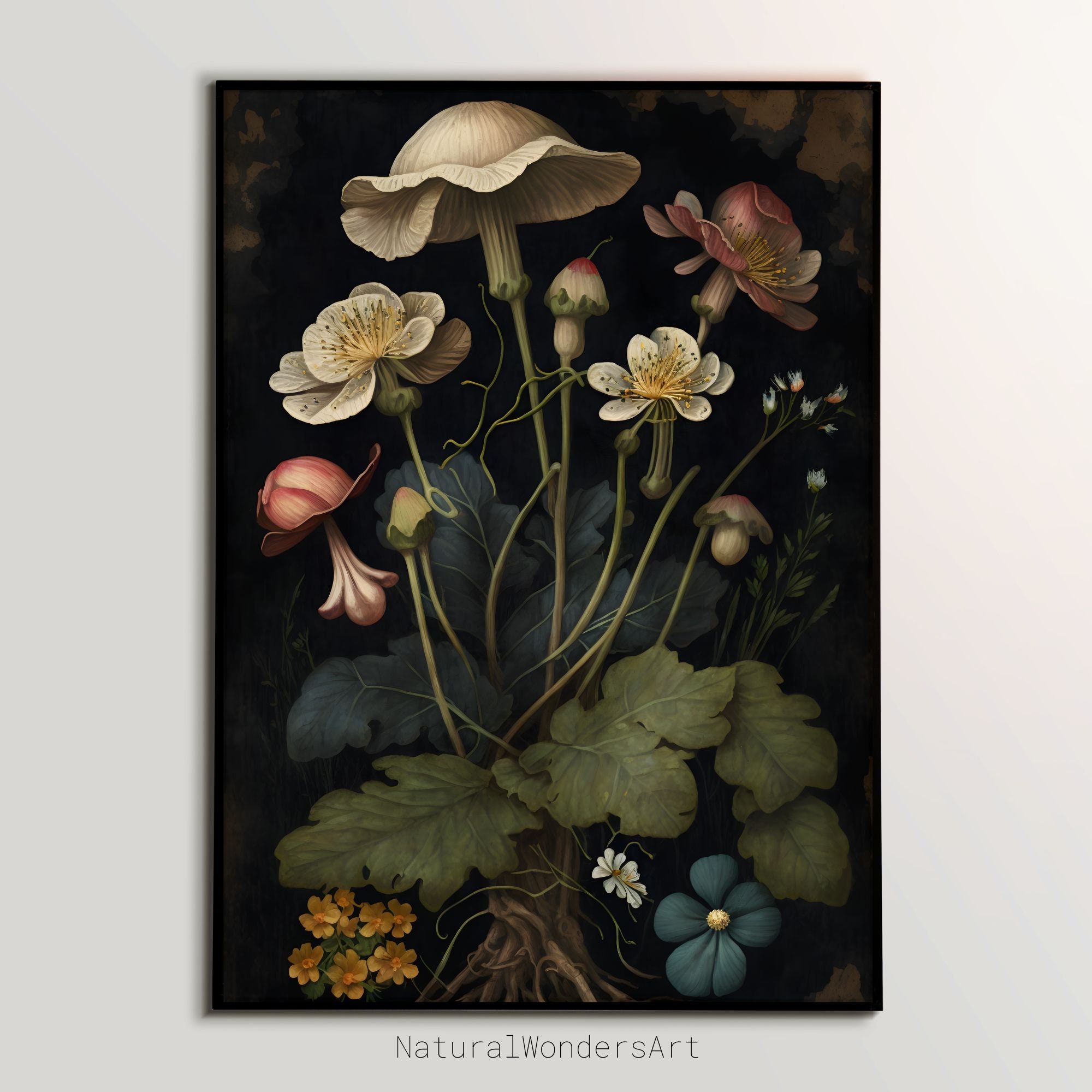 Dark Floral Mushrooms Dark Cottagecore Floral Print Nature Wall Art ...