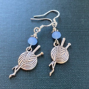 Knitter Yarn Ball Earrings: Blue Glass Beads, Stainless Steel Hooks